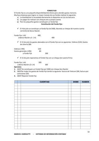 62
MARICEL VAIROLETTI - SISTEMAS DE INFORMACIÓN CONTABLE
FONDO FIJO
El Fondo Fijo es una pequeña disponibilidad de dinero para atender gastos menores.
Muchas empresas para lograr un mayor manejo de sus fondos realizan lo siguiente:
a) La totalidad de lo recaudado diariamente lo depositan en cta cte bancaria
b) Los pagos los realizan con cheques de su propia cuenta
c) Para los pequeños gastos constituyen un fondo fijo
Constitución del Fondo Fijo:
 El 4 de julio se constituye un fondo fijo de $400, librando un cheque de nuestra cuenta
corriente de Banco Nación
Fondo Fijo (+A) 400
a.Banco Nación c/c (-A) 400
 El 15 de julio los gastos abonados con el Fondo Fijo son os siguientes: Viáticos $220, Gastos
de Librería $80
Viáticos (+RN) 220
Gastos generales (+RN) 80
a.Fondo Fijo 300
 El 15 de julio reponemos el Fondo Fijo con un cheque de nuestra firma
Fondo Fijo (+A) 300
a.Banco Nación c/c (-A) 300
Ejercicios:
1. 26/07 Se constituyen un Fondo Fijo por $300 con cheque bco Nación
2. 28/07Se rinden los gastos de Fondo Fijo siendo la siguiente: factura de Telecom $90, factura por
comisiones $20.
3. 28/07 Reponer Fondo Fijo
CUENTAS DEBE HABER
 