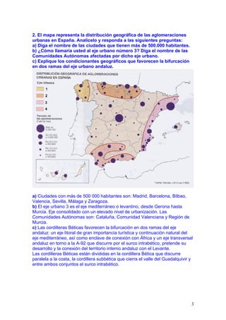 2. El mapa representa la distribución geográfica de las aglomeraciones
urbanas en España. Analícelo y responda a las siguientes preguntas:
a) Diga el nombre de las ciudades que tienen más de 500.000 habitantes.
b) ¿Cómo llamaría usted al eje urbano número 3? Diga el nombre de las
Comunidades Autónomas afectadas por dicho eje urbano.
c) Explique los condicionantes geográficos que favorecen la bifurcación
en dos ramas del eje urbano andaluz.




a) Ciudades con más de 500 000 habitantes son: Madrid, Barcelona, Bilbao,
Valencia, Sevilla, Málaga y Zaragoza.
b) El eje urbano 3 es el eje mediterráneo o levantino, desde Gerona hasta
Murcia. Eje consolidado con un elevado nivel de urbanización. Las
Comunidades Autónomas son: Cataluña, Comunidad Valenciana y Región de
Murcia.
c) Las cordilleras Béticas favorecen la bifurcación en dos ramas del eje
andaluz: un eje litoral de gran importancia turística y continuación natural del
eje mediterráneo, así como enclave de conexión con África y un eje transversal
andaluz en torno a la A-92 que discurre por el surco intrabético, pretende su
desarrollo y la conexión del territorio interno andaluz con el Levante.
Las cordilleras Béticas están divididas en la cordillera Bética que discurre
paralela a la costa, la cordillera subbética que cierra el valle del Guadalquivir y
entre ambos conjuntos el surco intrabético.




                                                                                  3
 