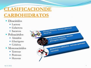 CLASIFICACIONDE
CARBOHIDRATOS
  Disacáridos
     Lactosa
     Galactosa
     Sacarosa
  Polisacáridos
     Almidón
     Glucógeno
     Celulosa
  Monosacáridos
     Tetrosas
     Pentosas
     Hexosas


06/11/2012         7
 