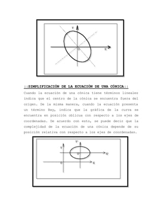 ::SIMPLIFICACIÓN DE LA ECUACIÓN DE UNA CÓNICA::
Cuando la ecuación de una cónica tiene términos lineales
indica que el centro de la cónica se encuentra fuera del
origen. De la misma manera, cuando la ecuación presenta
un término Bxy, indica que la gráfica de la curva se
encuentra en posición oblicua con respecto a los ejes de
coordenadas. De acuerdo con esto, se puede decir que la
complejidad de la ecuación de una cónica depende de su
posición relativa con respecto a los ejes de coordenadas.
 