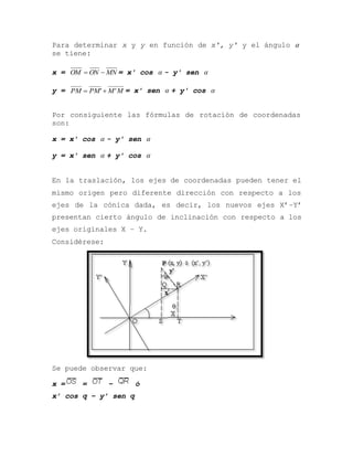 Para determinar x y y en función de x', y' y el ángulo 
se tiene:
x = MNONOM  = x' cos  - y' sen 
y = MMPMPM ''  = x' sen  + y' cos 
Por consiguiente las fórmulas de rotación de coordenadas
son:
x = x' cos  - y' sen 
y = x' sen  + y' cos 
En la traslación, los ejes de coordenadas pueden tener el
mismo origen pero diferente dirección con respecto a los
ejes de la cónica dada, es decir, los nuevos ejes X’–Y’
presentan cierto ángulo de inclinación con respecto a los
ejes originales X – Y.
Considérese:
Se puede observar que:
x = = – ó
x’ cos q – y’ sen q
 