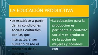 LA EDUCACIÓN PRODUCTIVA
•se establece a partir
de las condiciones
sociales culturales
con las que
interactúa el ser
humano desde el
momento de su
concepción
•La educación para la
producción es
pertinente al contexto
social y es producto
de la acción de
mujeres y hombres
con
 