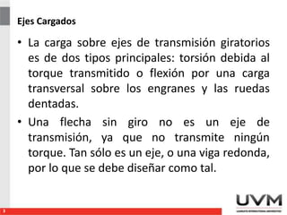 Ejes Cargados
• La carga sobre ejes de transmisión giratorios
es de dos tipos principales: torsión debida al
torque transmitido o flexión por una carga
transversal sobre los engranes y las ruedas
dentadas.
• Una flecha sin giro no es un eje de
transmisión, ya que no transmite ningún
torque. Tan sólo es un eje, o una viga redonda,
por lo que se debe diseñar como tal.
3
 
