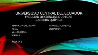 UNIVERSIDAD CENTRAL DEL ECUADOR
FACULTAD DE CIENCIAS QUÍMICAS
CARRERA QUÍMICA
TEMA:COMUNICACIÓN
ORAL
VALLADARESM.
ROMANA.
ÁREA N°4
PARALELO I
-QR (S1-P2)
UNIDAD N°1
 