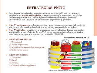 ESTRATEGIAS PNTIC 
Para lograr este objetivo se proponen una serie de políticas, acciones y proyectos en 8 ejes principales, 4 transversales y 4 verticales, los cuáles tendrán seguimiento a través del establecimiento de metas finales e intermedias, con la ayuda de indicadores específicos y globales. 
Ejes Transversales cubren aspectos y programas estratégicos del gobierno que tienen efecto sobre los distintos sectores y grupos de la sociedad. 
Ejes Verticales se refieren a programas que ayudarán a lograr una mejor apropiación y uso eficiente de las TIC en sectores considerados prioritarios para este plan y para la nación, con la visión L1341/09. 
EJES TRANSVERSALES: 
(1) Comunidad 
(2) Marco Regulatorio 
(3) Investigación, desarrollo e innovación 
(4) Gobierno en Línea. 
EJES VERTICALES : 
(1) Educación 
(2) Salud 
(3) Justicia 
(4) Competitividad empresarial 
 