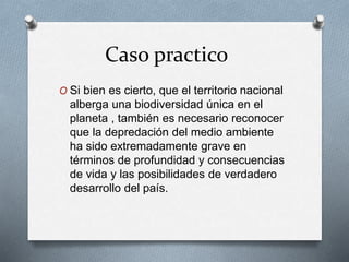 Caso practico 
O Si bien es cierto, que el territorio nacional 
alberga una biodiversidad única en el 
planeta , también es necesario reconocer 
que la depredación del medio ambiente 
ha sido extremadamente grave en 
términos de profundidad y consecuencias 
de vida y las posibilidades de verdadero 
desarrollo del país. 
 
