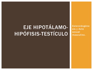 Esteroidogéne
sis y Acto
sexual
masculino.
EJE HIPOTÁLAMO-
HIPÓFISIS-TESTÍCULO
 