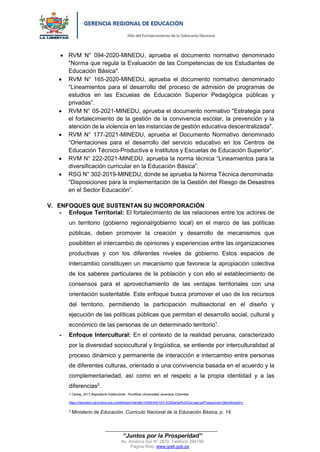 “Año del Fortalecimiento de la Soberanía Nacional”
“Juntos por la Prosperidad”
Av. América Sur N° 2870, Teléfono 284199
Página Web: www.grell.gob.pe
 RVM N° 094-2020-MINEDU, aprueba el documento normativo denominado
"Norma que regula la Evaluación de las Competencias de los Estudiantes de
Educación Básica".
 RVM N° 165-2020-MINEDU, aprueba el documento normativo denominado
“Lineamientos para el desarrollo del proceso de admisión de programas de
estudios en las Escuelas de Educación Superior Pedagógica públicas y
privadas”.
 RVM N° 05-2021-MINEDU, aprueba el documento normativo "Estrategia para
el fortalecimiento de la gestión de la convivencia escolar, la prevención y la
atención de la violencia en las instancias de gestión educativa descentralizada".
 RVM N° 177-2021-MINEDU, aprueba el Documento Normativo denominado
“Orientaciones para el desarrollo del servicio educativo en los Centros de
Educación Técnico-Productiva e Institutos y Escuelas de Educación Superior”.
 RVM N° 222-2021-MINEDU, aprueba la norma técnica “Lineamientos para la
diversificación curricular en la Educación Básica”.
 RSG N° 302-2019-MINEDU, donde se aprueba la Norma Técnica denominada:
“Disposiciones para la implementación de la Gestión del Riesgo de Desastres
en el Sector Educación”.
V. ENFOQUES QUE SUSTENTAN SU INCORPORACIÓN
- Enfoque Territorial: El fortalecimiento de las relaciones entre los actores de
un territorio (gobierno regional/gobierno local) en el marco de las políticas
públicas, deben promover la creación y desarrollo de mecanismos que
posibiliten el intercambio de opiniones y experiencias entre las organizaciones
productivas y con los diferentes niveles de gobierno. Estos espacios de
intercambio constituyen un mecanismo que favorece la apropiación colectiva
de los saberes particulares de la población y con ello el establecimiento de
consensos para el aprovechamiento de las ventajas territoriales con una
orientación sustentable. Este enfoque busca promover el uso de los recursos
del territorio, permitiendo la participación multisectorial en el diseño y
ejecución de las políticas públicas que permitan el desarrollo social, cultural y
económico de las personas de un determinado territorio1
.
- Enfoque Intercultural: En el contexto de la realidad peruana, caracterizado
por la diversidad sociocultural y lingüística, se entiende por interculturalidad al
proceso dinámico y permanente de interacción e intercambio entre personas
de diferentes culturas, orientado a una convivencia basada en el acuerdo y la
complementariedad, así como en el respeto a la propia identidad y a las
diferencias2
.
1 Carbaj,,2017,Repositorio Institucional - Pontificia Universidad Javeriana Colombia.
https://repository.javeriana.edu.co/bitstream/handle/10554/44210/4.%20Daniel%20Carvajal.pdf?sequence=2&isAllowed=y
2
Ministerio de Educación. Currículo Nacional de la Educación Básica, p. 14.
Firmado digitalmente por MOYA
SALINAS Vicente Alipio FAU
20440374248 soft
Motivo: Doy V° B°
Fecha: 20.01.2022 17:15:11 -05:00
 