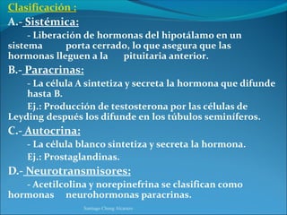 Clasificación :
A.- Sistémica:
     - Liberación de hormonas del hipotálamo en un
sistema       porta cerrado, lo que asegura que las
hormonas lleguen a la     pituitaria anterior.
B.- Paracrinas:
    - La célula A sintetiza y secreta la hormona que difunde
    hasta B.
    Ej.: Producción de testosterona por las células de
Leyding después los difunde en los túbulos seminíferos.
C.- Autocrina:
    - La célula blanco sintetiza y secreta la hormona.
    Ej.: Prostaglandinas.
D.- Neurotransmisores:
   - Acetilcolina y norepinefrina se clasifican como
hormonas neurohormonas paracrinas.
                  Santiago Chung Alcarazo
 
