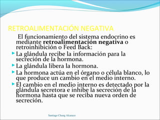 RETROALIMENTACIÓN NEGATIVA
   El funcionamiento del sistema endocrino es
  mediante retroalimentación negativa o
  retroinhibición o Feed Back:
 La glándula recibe la información para la
  secreción de la hormona.
 La glándula libera la hormona.
 La hormona actúa en el órgano o célula blanco, lo
  que produce un cambio en el medio interno.
 El cambio en el medio interno es detectado por la
  glándula secretora e inhibe la secreción de la
  hormona hasta que se reciba nueva orden de
  secreción.

             Santiago Chung Alcarazo
 