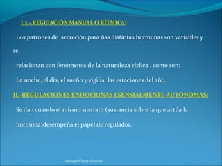 1.2.-.REGUlACIÓN MANUAL O RÍTMICA:

 Los patrones de secreción para ñas distintas hormonas son variables y

se

 relacionan con fenómenos de la naturaleza cíclica , como son:

 La noche, el día, el sueño y vigilia, las estaciones del año.

II.-REGULACIONES ENDOCRINAS ESENSIALMENTE AUTÓNOMAS:

 Se dan cuando el mismo sustrato (sustancia sobre la que actúa la

 hormona)desempeña el papel de regulador.




                    Santiago Chung Alcarazo
 