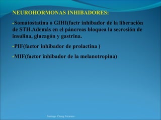 NEUROHORMONAS INHIBADORES:
-Somatostatina o GIHI(factr inhibador de la liberación
de STH.Además en el páncreas bloquea la secresión de
insulina, glucagón y gastrina.
-PIF(factor inhibador de prolactina )
-MIF(factor inhibador de la melanotropina)




              Santiago Chung Alcarazo
 