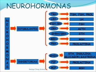 NEUROHORMONAS
                                    TRH         TSH, FSH, PROL
                                    LRH              LH
N
E                                   FSH-RH           FSH
U   ESTIMULANTES                    CRH             ACTH
R                                   GHRH/SRH         STH
O
H                                   MRH              MSH
O                                   PRH          PROLACTINA
R
M
                                               STH, INSULINA,
O                                   GHIH     GLUCAGON,GASTRINA
N
    INHIBITORIAS                    PIF          PROLACTINA
A
S                                   MIF              MSH
          Santiago Chung Alcarazo
 