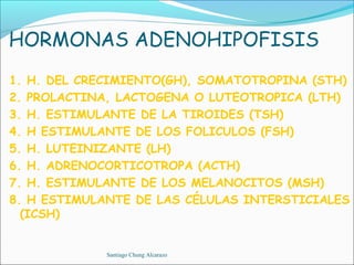 HORMONAS ADENOHIPOFISIS
1. H. DEL CRECIMIENTO(GH), SOMATOTROPINA (STH)
2. PROLACTINA, LACTOGENA O LUTEOTROPICA (LTH)
3. H. ESTIMULANTE DE LA TIROIDES (TSH)
4. H ESTIMULANTE DE LOS FOLICULOS (FSH)
5. H. LUTEINIZANTE (LH)
6. H. ADRENOCORTICOTROPA (ACTH)
7. H. ESTIMULANTE DE LOS MELANOCITOS (MSH)
8. H ESTIMULANTE DE LAS CÉLULAS INTERSTICIALES
  (ICSH)


             Santiago Chung Alcarazo
 