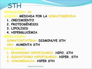 STH
PRODUCCION: A1
ACCION: MEDIADA POR LA SOMATOMEDINA
  1. CRECIMIENTO
  2. PROTEOGÉNESIS
  3. LIPOLISIS
  4. HIPERGLUCEMIA
REGULACION:
  SOMATOSTATINA: DISMINUYE STH
  SRH: AUMENTA STH
PATOLOGIAS:
  1. ENANISMO HIPOFISARIO: HIPO. STH
  2. GIGANTISMO HIPOFISARIO: HIPER. STH
  3. ACROMEGALIA: HIPER STH
            Santiago Chung Alcarazo
 