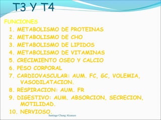 T3 Y T4
FUNCIONES
 1. METABOLISMO DE PROTEINAS
 2. METABOLISMO DE CHO
 3. METABOLISMO DE LIPIDOS
 4. METABOLISMO DE VITAMINAS
 5. CRECIMIENTO OSEO Y CALCIO
 6. PESO CORPORAL
 7. CARDIOVASCULAR: AUM. FC, GC, VOLEMIA,
     VASODILATACION.
 8. RESPIRACION: AUM. FR
 9. DIGESTIVO: AUM. ABSORCION, SECRECION,
     MOTILIDAD.
 10. NERVIOSO.
             Santiago Chung Alcarazo
 