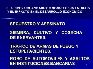 SECUESTRO Y ASESINATO EL CRIMEN ORGANIZADO EN MEXICO Y SUS ESTADOS Y EL IMPACTO EN EL DESARROLLO ECONOMICO SIEMBRA, CULTIVO Y COSECHA DE ENERVANTES. TRAFICO DE ARMAS DE FUEGO Y ESTUPEFACIENTES. ROBO DE AUTOMOVILES Y ASALTOS EN INSTITUCIONES BANCARIAS 