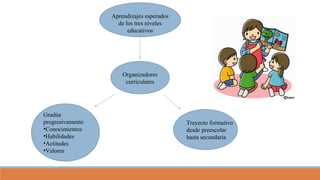 Aprendizajes esperados
de los tres niveles
educativos
Gradúa
progresivamente
•Conocimientos
•Habilidades
•Actitudes
•Valores
Organizadores
curriculares
Trayecto formativo
desde preescolar
hasta secundaria
 