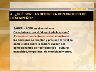 4. ¿QUÉ SON LAS DESTREZA CON CRITERIO DE
DESEMPEÑO?
4. ¿QUÉ SON LAS DESTREZA CON CRITERIO DE
DESEMPEÑO?
SABER HACER en el estudiante
Caracterizado por el “dominio de la acción”
En nuestro concepto curricular actualizado
las destrezas se orientan y precisan el nivel de
complejidad sobre la acción: pueden ser
condicionantes de rigor científico – cultural,
espaciales, temporales, de motricidad y otros.
 