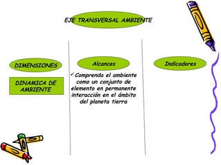 EJE TRANSVERSAL AMBIENTE




DIMENSIONES           Alcances            Indicadores
               Comprenda el ambiente
DINAMICA DE      como un conjunto de
 AMBIENTE      elemento en permanente
               interacción en el ámbito
                  del planeta tierra
 