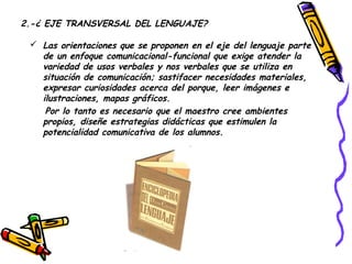 2.-¿ EJE TRANSVERSAL DEL LENGUAJE?

  Las orientaciones que se proponen en el eje del lenguaje parte
   de un enfoque comunicacional-funcional que exige atender la
   variedad de usos verbales y nos verbales que se utiliza en
   situación de comunicación; sastifacer necesidades materiales,
   expresar curiosidades acerca del porque, leer imágenes e
   ilustraciones, mapas gráficos.
    Por lo tanto es necesario que el maestro cree ambientes
   propios, diseñe estrategias didácticas que estimulen la
   potencialidad comunicativa de los alumnos.
 