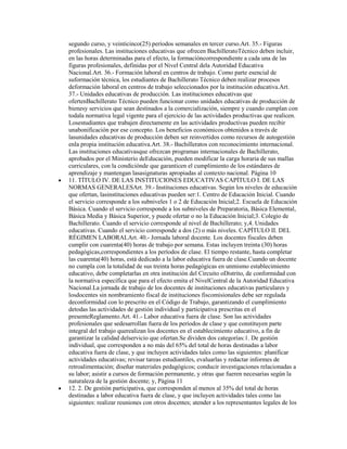 segundo curso, y veinticinco(25) períodos semanales en tercer curso.Art. 35.- Figuras
profesionales. Las instituciones educativas que ofrecen BachilleratoTécnico deben incluir,
en las horas determinadas para el efecto, la formacióncorrespondiente a cada una de las
figuras profesionales, definidas por el Nivel Central dela Autoridad Educativa
Nacional.Art. 36.- Formación laboral en centros de trabajo. Como parte esencial de
suformación técnica, los estudiantes de Bachillerato Técnico deben realizar procesos
deformación laboral en centros de trabajo seleccionados por la institución educativa.Art.
37.- Unidades educativas de producción. Las instituciones educativas que
ofertenBachillerato Técnico pueden funcionar como unidades educativas de producción de
bienesy servicios que sean destinados a la comercialización, siempre y cuando cumplan con
todala normativa legal vigente para el ejercicio de las actividades productivas que realicen.
Losestudiantes que trabajen directamente en las actividades productivas pueden recibir
unabonificación por ese concepto. Los beneficios económicos obtenidos a través de
lasunidades educativas de producción deben ser reinvertidos como recursos de autogestión
enla propia institución educativa.Art. 38.- Bachilleratos con reconocimiento internacional.
Las instituciones educativasque ofrezcan programas internacionales de Bachillerato,
aprobados por el Ministerio deEducación, pueden modificar la carga horaria de sus mallas
curriculares, con la condiciónde que garanticen el cumplimiento de los estándares de
aprendizaje y mantengan lasasignaturas apropiadas al contexto nacional. Página 10
11. TÍTULO IV. DE LAS INSTITUCIONES EDUCATIVAS CAPÍTULO I. DE LAS
NORMAS GENERALESArt. 39.- Instituciones educativas. Según los niveles de educación
que ofertan, lasinstituciones educativas pueden ser:1. Centro de Educación Inicial. Cuando
el servicio corresponde a los subniveles 1 o 2 de Educación Inicial;2. Escuela de Educación
Básica. Cuando el servicio corresponde a los subniveles de Preparatoria, Básica Elemental,
Básica Media y Básica Superior, y puede ofertar o no la Educación Inicial;3. Colegio de
Bachillerato. Cuando el servicio corresponde al nivel de Bachillerato; y,4. Unidades
educativas. Cuando el servicio corresponde a dos (2) o más niveles. CAPÍTULO II. DEL
RÉGIMEN LABORALArt. 40.- Jornada laboral docente. Los docentes fiscales deben
cumplir con cuarenta(40) horas de trabajo por semana. Estas incluyen treinta (30) horas
pedagógicas,correspondientes a los períodos de clase. El tiempo restante, hasta completar
las cuarenta(40) horas, está dedicado a la labor educativa fuera de clase.Cuando un docente
no cumpla con la totalidad de sus treinta horas pedagógicas en unmismo establecimiento
educativo, debe completarlas en otra institución del Circuito oDistrito, de conformidad con
la normativa específica que para el efecto emita el NivelCentral de la Autoridad Educativa
Nacional.La jornada de trabajo de los docentes de instituciones educativas particulares y
losdocentes sin nombramiento fiscal de instituciones fiscomisionales debe ser regulada
deconformidad con lo prescrito en el Código de Trabajo, garantizando el cumplimiento
detodas las actividades de gestión individual y participativa prescritas en el
presenteReglamento.Art. 41.- Labor educativa fuera de clase. Son las actividades
profesionales que sedesarrollan fuera de los períodos de clase y que constituyen parte
integral del trabajo querealizan los docentes en el establecimiento educativo, a fin de
garantizar la calidad delservicio que ofertan.Se dividen dos categorías:1. De gestión
individual, que corresponden a no más del 65% del total de horas destinadas a labor
educativa fuera de clase, y que incluyen actividades tales como las siguientes: planificar
actividades educativas; revisar tareas estudiantiles, evaluarlas y redactar informes de
retroalimentación; diseñar materiales pedagógicos; conducir investigaciones relacionadas a
su labor; asistir a cursos de formación permanente, y otras que fueren necesarias según la
naturaleza de la gestión docente; y, Página 11
12. 2. De gestión participativa, que corresponden al menos al 35% del total de horas
destinadas a labor educativa fuera de clase, y que incluyen actividades tales como las
siguientes: realizar reuniones con otros docentes; atender a los representantes legales de los
 