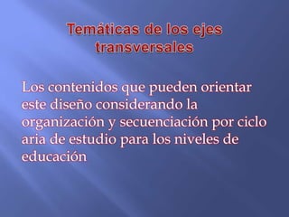 Los contenidos que pueden orientar
este diseño considerando la
organización y secuenciación por ciclo
aria de estudio para los niveles de
educación