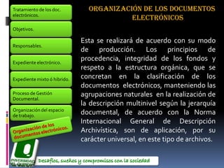 Tratamiento de los doc.         organización de los documentos
electrónicos.
                                          Electrónicos
Objetivos.

                              Esta se realizará de acuerdo con su modo
Responsables.
                              de producción. Los principios de
Expediente electrónico.
                              procedencia, integridad de los fondos y
                              respeto a la estructura orgánica, que se
Expediente mixto ó hibrido.   concretan en la clasificación de los
                              documentos electrónicos, manteniendo las
Proceso de Gestión            agrupaciones naturales en la realización de
Documental.
                              la descripción multinivel según la jerarquía
Organización del espacio
de trabajo.
                              documental, de acuerdo con la Norma
                              Internacional General de Descripción
                              Archivística, son de aplicación, por su
                              carácter universal, en este tipo de archivos.
 