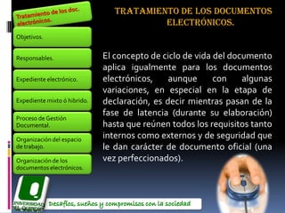 Tratamiento de los documentos
                                          Electrónicos.
Objetivos.


Responsables.                 El concepto de ciclo de vida del documento
                              aplica igualmente para los documentos
Expediente electrónico.       electrónicos,    aunque      con    algunas
                              variaciones, en especial en la etapa de
Expediente mixto ó hibrido.   declaración, es decir mientras pasan de la
                              fase de latencia (durante su elaboración)
Proceso de Gestión
Documental.                   hasta que reúnen todos los requisitos tanto
Organización del espacio
                              internos como externos y de seguridad que
de trabajo.                   le dan carácter de documento oficial (una
Organización de los           vez perfeccionados).
documentos electrónicos.
 
