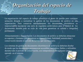 Organización del espacio de Trabajo <br />La organización del espacio de trabajo constituye el punto de partida para cualq...