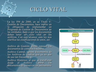 CICLO VITAL     La ley 594 de 2000, en su Titulo V: Gestión de Documentos, hace mérito en la obligación de implementar un Programa de Gestión de Documentos en las entidades, dado a que los documentos deben tener un ciclo vital en los archivos. Con este alcance, esta ley nos clarifica las clasificaciones de estos, así:      Archivo de Gestión, donde reposan los documentos de consulta frecuente;      Archivo Central, agrupa documentos de los Archivos de Gestión que ya no son de uso tan frecuente; y,      Archivo Histórico, al que se transfieren desde el Archivo Central, los documentos de conservación permanente
