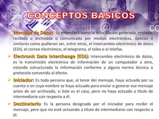 Mensaje de Datos :  Se entenderá como la información generada, enviada, recibida o archivada o comunicada por medios electrónicos, ópticos o similares como pudieran ser, entre otros, el intercambio electrónico de datos (EDI), el correo electrónico, el telegrama, el telex o el telefax. Electronic Data Interchange (EDI):   Intercambio electrónico de datos, es la transmisión electrónica de información de un computador a otro, estando estructurada la información conforme a alguna norma técnica o protocolo convenida al efecto. Iniciador :  Es toda persona que, al tenor del mensaje, haya actuado por su cuenta o en cuyo nombre se haya actuado para enviar o generar ese mensaje antes de ser archivado, si éste es el caso, pero no haya actuado a título de intermediario con respecto a él. 