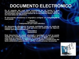 DOCUMENTO ELECTRÓNICO
Es el soporte del cual hace constancia de un hecho o acto
representativo de información; ya sea en video auditivo y de datos ,
el cual posee ciertas características de un documento físico, como lo
son sus datos de referencia.
El documento electrónico o magnético contiene un código digital el
cual puede:
*leerse
*reproducirse
*interpretarse por cada individuo.
Un documento electrónico se puede manifestar como un medio de
expresión y creatividad de cada persona con extensión de algunos
medios que se manifiestan en:
*informática
*electrónica
Este documento se queda plasmado y guardado el cual se puede
realizar las modificaciones adecuadas en el lenguaje o estructura,
este tiene un soporte de contener un mensaje de alfanumérico.
cada individuo realiza lo necesario para el cambio o modificación del
texto editándolo y guardándolo con las modificaciones necesarias.

 