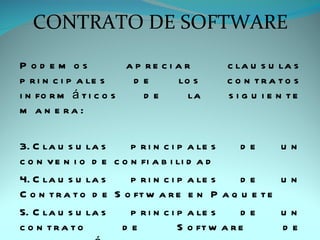 CONTRATO DE SOFTWARE

P od em os             a p re c i a r     c la u s u la s
p r i n c i p a le s    de         lo s   c o n tra to s
i n fo r m á t i c o s     de        la   s i g u i e n te
m a n e ra :

3. C la u s u la s      p r i n c i p a le s     de    un
c o n v e n i o d e c o n fi a b i li d a d
4. C la u s u la s      p r i n c i p a le s     de    un
C o n t r a t o d e S o ft w a r e e n P a q u e t e
5. C la u s u la s      p r i n c i p a le s     de    un
c o n tra to          de            S o ft w a r e     de
 