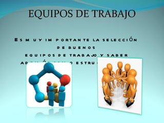 EQUIPOS DE TRABAJO

E s m u y i m p o r t a n t e la s e le c c i ó n
                  d e bu en os
    e q u i p o s d e t r a b a jo y s a b e r
  a d e m á s c o m o e s t r u c t u r a r lo .
 