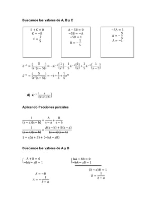 Buscamos los valores de A, B y C
ℒ−1
= {
5
s2(s− 5)
} = −ℒ−1
{
1
s2
} −
1
5
ℒ−1
{
1
s
} +
1
5
ℒ−1
{
1
s − 5
}
ℒ−1
= {
5
s2(s− 5)
} = −t −
1
5
+
1
5
e5t
d) 𝓛−𝟏
{
𝟏
( 𝐬−𝐚)( 𝐬−𝐛)
}
Aplicando fracciones parciales
1
(s − a)(s− b)
=
A
s − a
+
B
s − b
1
(s − a)(s− b)
=
A(s − b) + B(s − a)
(s − a)(s− b)
1 = s(A + B) + (−bA − aB)
Buscamos los valores de A y B
{
A + B = 0
−bA − aB = 1
{
bA + bB = 0
−bA − aB = 1
B + C = 0
C = −B
C =
1
5
A − 5B = 0
−5B = −A
−5B = 1
B = −
1
5
−5A = 5
A = −
5
5
A = −1
( 𝑏 − 𝑎) 𝐵 = 1
𝐵 =
1
𝑏 − 𝑎
𝐴 = −𝐵
𝐴 = −
1
𝑏 − 𝑎
 