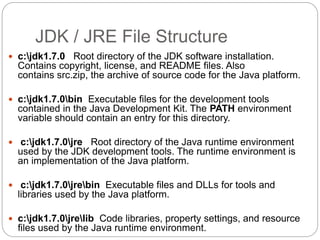 JDK / JRE File Structure
 c:jdk1.7.0 Root directory of the JDK software installation.
Contains copyright, license, and README files. Also
contains src.zip, the archive of source code for the Java platform.
 c:jdk1.7.0bin Executable files for the development tools
contained in the Java Development Kit. The PATH environment
variable should contain an entry for this directory.
 c:jdk1.7.0jre Root directory of the Java runtime environment
used by the JDK development tools. The runtime environment is
an implementation of the Java platform.
 c:jdk1.7.0jrebin Executable files and DLLs for tools and
libraries used by the Java platform.
 c:jdk1.7.0jrelib Code libraries, property settings, and resource
files used by the Java runtime environment.
 