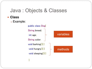 Java : Objects & Classes
 Class
o Example:
public class Dog{
String breed;
int age;
String color;
void barking(){ }
void hungry(){ }
void sleeping(){ }
}
methods
variables
 
