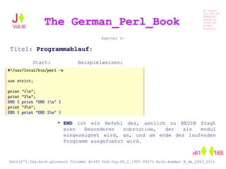 Kapitel V:
Titel: Programmablauf:
Start: Beispielweisen:
●
END ist ein Befehl der, aenlich zu BEGIN fragt
eien Besonderen subroutine, der als modul
eingezeignet wird, an, und am ende des laufenden
Programm ausgefuehrt wird.
The German_Perl_BookJ
Si scopre
Cio Che non
RUBABILE
quando si
trOVa nel
prOpio
Cervello
Dott(2°).Ing.Arch.giovanni Colombo A1360 Ord.Ing.PG_I_1995 09171 Arch.kammer B_de_2003_2011
061 165
Vol.III
 
