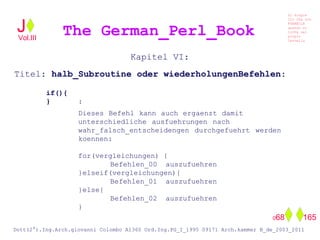 Kapitel VI:
Titel: halb_Subroutine oder wiederholungenBefehlen:
if(){
} :
Dieses Befehl kann auch ergaenzt damit
unterschiedliche ausfuehrungen nach
wahr_falsch_entscheidengen durchgefuehrt werden
koennen:
for(vergleichungen) {
Befehlen_00 auszufuehren
}elseif(vergleichungen){
Befehlen_01 auszufuehren
}else{
Befehlen_02 auszufuehren
}
The German_Perl_BookJ
Si scopre
Cio Che non
RUBABILE
quando si
trOVa nel
prOpio
Cervello
Dott(2°).Ing.Arch.giovanni Colombo A1360 Ord.Ing.PG_I_1995 09171 Arch.kammer B_de_2003_2011
068 165
Vol.III
 