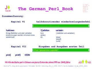 Zusammenfassung:
Kapitel VI halSobroutineoder wiederhoelungenbefehl
Kapitel VII Eingaben und Ausgaben erster Teil
The German_Perl_BookJ
Si scopre
Cio Che non
RUBABILE
quando si
trOVa nel
prOpio
Cervello
Dott(2°).Ing.Arch.giovanni Colombo A1360 Ord.Ing.PG_I_1995 09171 Arch.kammer B_de_2003_2011
083 165
Vol.III
Print “giovannino Leprotto”;
for(....;....;...){.......}
for()
while()
if()
Einige Befehlen und oder variablen
einstimmungen werden mit einem kreis
wiederhoelt
funktionen O_befehlen variabeln
print() printf() <STDIN>
{ befehlen und variablen}
}else{
}elseif{
}until{
MitHilfedesBuchs:perlin24hoursvonpierceClintondesJahres1999nov.SAMS_Editor
 