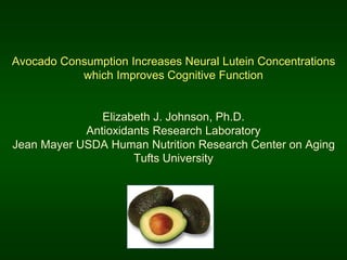 Avocado Consumption Increases Neural Lutein Concentrations
which Improves Cognitive Function
Elizabeth J. Johnson, Ph.D.
Antioxidants Research Laboratory
Jean Mayer USDA Human Nutrition Research Center on Aging
Tufts University
 