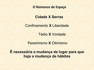 O Romance de Espaço 
Cidade X Serras 
Confinamento X Liberdade 
Tédio X Vontade 
Pessimismo X Otimismo 
É necessária a mudança de lugar para que 
haja a mudança de hábitos 
 