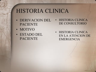 HISTORIA CLINICA DERIVACION DEL PACIENTE MOTIVO ESTADO DEL PACIENTE HISTORIA CLINICA DE CONSULTORIO HISTORIA CLINICA EN LA ATENCION DE EMERGENCIA 