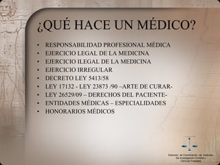 ¿QUÉ HACE UN MÉDICO? RESPONSABILIDAD PROFESIONAL MÉDICA EJERCICIO LEGAL DE LA MEDICINA EJERCICIO ILEGAL DE LA MEDICINA EJERCICIO IRREGULAR DECRETO LEY 5413/58 LEY 17132 - LEY 23873 /90 –ARTE DE CURAR- LEY 26529/09 – DERECHOS DEL PACIENTE- ENTIDADES MÉDICAS – ESPECIALIDADES HONORARIOS MÉDICOS Dirección  de Coordinación  de  Institutos  De Investigación Criminal y Ciencias Forenses 