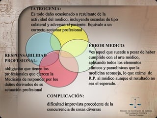 IATROGENIA: Es todo daño ocasionado o resultante de la actividad del médico, incluyendo secuelas de tipo colateral y adversas al paciente. Equivale a un correcto accionar profesional ERROR MEDICO : es aquel que sucede a pesar de haber cumplido con el arte médico, aplicando todos los elementos clínicos y paraclínicos que la medicina aconseja, lo que exime  de R.P. al médico aunque el resultado no sea el esperado. COMPLICACIÓN: dificultad imprevista procedente de la concurrencia de cosas diversas RESPONSABILIDAD PROFESIONAL: obligación que tienen los profesionales que ejercen la Medicina de responder por los daños derivados de su actuación profesional Dirección  de Coordinación  de  Institutos  De Investigación Criminal y Ciencias Forenses 
