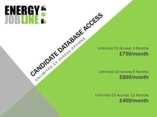 Unlimited CV Access: 3 Months
             £750/month


 Unlimited CV Access:6 Months
             £600/month


Unlimited CV Access: 12 Months
             £400/month
 