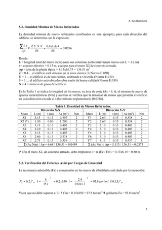 A. San Bartolomé
5
5.2. Densidad Mínima de Muros Reforzados
La densidad mínima de muros reforzados (confinados en este ejemplo), para cada dirección del
edificio, se determina con la expresión:
0286.0
56
4114.0
56
==≥
∑ xxxNSUZ
Ap
tL
Donde:
L = longitud total del muro incluyendo sus columnas (sólo intervienen muros con L > 1.2 m)
t = espesor efectivo = 0.13 m, excepto para el muro X2 de concreto armado.
Ap = área de la planta típica = 8.15x16.75 = 136.51 m2
Z = 0.4 ... el edificio está ubicado en la zona sísmica 3 (Norma E.030)
U = 1 ... el edificio es de uso común, destinado a vivienda (Norma E.030)
S = 1 ... el edificio está ubicado sobre suelo de buena calidad (Norma E.030)
N = 4 = número de pisos del edificio
En la Tabla 1 se indica la longitud de los muros, su área de corte (Ac = L t), el número de muros de
iguales características (Nm) y además se verifica que la densidad de muros que presenta el edificio
en cada dirección excede al valor mínimo reglamentario (0.0286).
Tabla 1. Densidad de Muros Reforzados.
Dirección X-X Dirección Y-Y
Muro L (m) t (m) Ac (m2
) Nm Muro L (m) t (m) Ac (m2
) Nm
X1 3.13 0.13 0.407 2 Y1 2.60 0.13 0.338 2
X2 (*) 1.50 0.80 1.200 2 Y2 2.60 0.13 0.338 2
X3 3.13 0.13 0.407 2 Y3 3.10 0.13 0.403 2
X4 3.10 0.13 0.403 2 Y4 3.10 0.13 0.403 2
X5 3.13 0.13 0.407 2 Y5 3.10 0.13 0.403 2
X6 2.60 0.13 0.338 2 Y6 3.10 0.13 0.403 2
X7 2.73 0.13 0.356 1 Y7 4.13 0.13 0.537 1
Σ (Ac Nm) / Ap = 6.68 / 136.51 = 0.0489 Σ (Ac Nm) / Ap = 5.113 / 136.51 = 0.0375
(*) En el muro X2, de concreto armado, debe emplearse t = tc (Ec / Em) = 0.13x6.15 = 0.80 m
5.3. Verificación del Esfuerzo Axial por Cargas de Gravedad
La resistencia admisible (Fa) a compresión en los muros de albañilería está dada por la expresión:
mma fmton
x
x
t
h
fF ´15.0/8.93
13.035
4.2
16502.0
35
1´2.0 2
22
≤=














−=














−=
Valor que no debe superar a: 0.15 f´m = 0.15x650 = 97.5 ton/m2
à gobierna Fa = 93.8 ton/m2
 