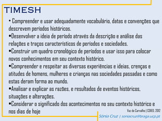 TIMESH
• Compreender e usar adequadamente vocabulário, datas e convenções que
descrevem períodos históricos.
•Desenvolver a ideia de período através da descrição e análise das
relações e traços característicos de períodos e sociedades.
•Construir um quadro cronológico de períodos e usar isso para colocar
novos conhecimentos em seu contexto histórico.
•Compreender e respeitar as diversas experiências e ideias, crenças e
atitudes de homens, mulheres e crianças nas sociedades passadas e como
estas deram forma ao mundo.
•Analisar e explicar as razões, e resultados de eventos históricos,
situações e alterações.
•Considerar o significado dos acontecimentos no seu contexto histórico e
nos dias de hoje                                            Vaz de Carvalho | COIED, 2012
                                                    Sónia Cruz | soniacruz@braga.ucp.pt
 