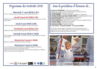 Sous la présidence d’honneur de...
M. François COMMEINHES - Maire de la ville de Sète,
Président de la communauté d’aglomération du Bassin de Thau
M. Christophe EUZET - Député de l’Hérault
M. André LUBRANO - Conseiller Régional - Président du Cépralmar
M. Sébastien ANDRAL & Veronique CALUEBA-RIZZOLO - Conseillers Départementaux
M. Jean-Marie TAILLADE - Adjoint délégué aux festivités
Mme Eliane SARDA - Adjointe déléguée aux joutes
M. Robert BANCILHON - Président de la Ligue de Joutes Languedociennes
M. Vincent STENTO - Créateur de la société
M. Antoine LIGUORI - Membre fondateur
M. Raymond CARUSO - Membre fondateur
M. Louis LE BAIL - M. Raphaël ALBANO - M. Jacques DUNAND
Tous les élus, personnalités, sociétaires et amis mentionnés dans ce
programme ont accepté que leur nom soit associé à l’élaboration du
programme de l’Ecole de Joutes de la Marine.
Programme des Festivités 2018
Mercredi 1er
aout 2018 à 18 h
Tournoi chariots, quai Licciardi (devant le café le Saint-Clair)
Jeudi 2 aout de 9h30 à 12h
Atelier d’art plastique sur le thème de la musique dans les joutes au musée
Paul Valéry.
Jeudi 2 aout 2018 à 20h
Nuitée des petits, quai Licciardi (devant le café le Saint-Clair)
Vendredi 3 aout 2018 à 21h
Nuitée de l’EJMS, quai Licciardi (devant le café le Saint-Clair)
Samedi 4 aout 2018 à 13h30
Tournoi légers suivi du critérium de l’EJMS, quai Licciardi (devant le café le
Saint-Clair)
Dimanche 5 aout à 10h30
Départ du défilé de l’EJMS du lycée Paul Valéry.
Dimanche 5 aout à 15h30
Tournoi interne des sociétés sétoises (catégories légers et critérium),
quai Licciardi (devant le café le Saint-Clair)
Attention pour ce tournoi ne joutent que les jouteurs présents au défilé du
matin (voir encart central page 30).
11
Leo Clermont-Kaspzrak
 
